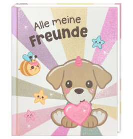 Kinderbuchcover mit gezeichnetem Hund, Sternen, Biene und dem deutschen Titel "Alle meine Freunde".