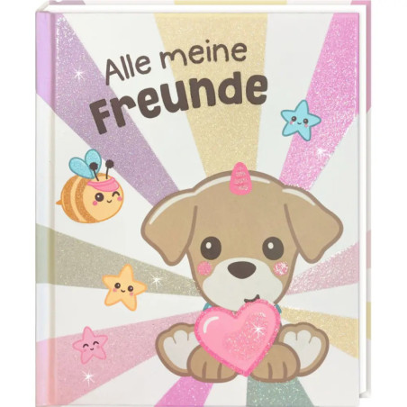 Kinderbuchcover mit gezeichnetem Hund, Sternen, Biene und dem deutschen Titel "Alle meine Freunde".