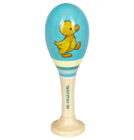 Blau-weiße Maraca mit gelbem Bärenmotiv und der Aufschrift Die Spiegelburg auf dem Griff.