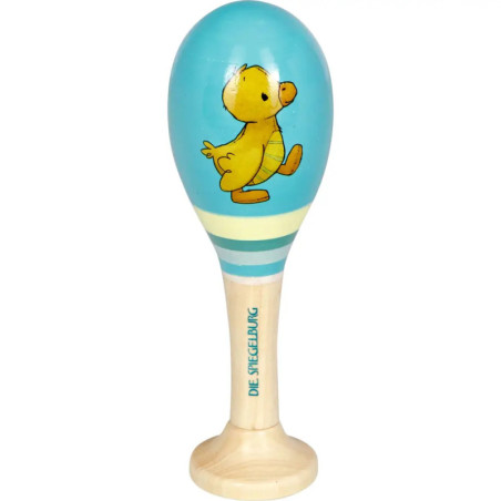 Blau-weiße Maraca mit gelbem Bärenmotiv und der Aufschrift Die Spiegelburg auf dem Griff.