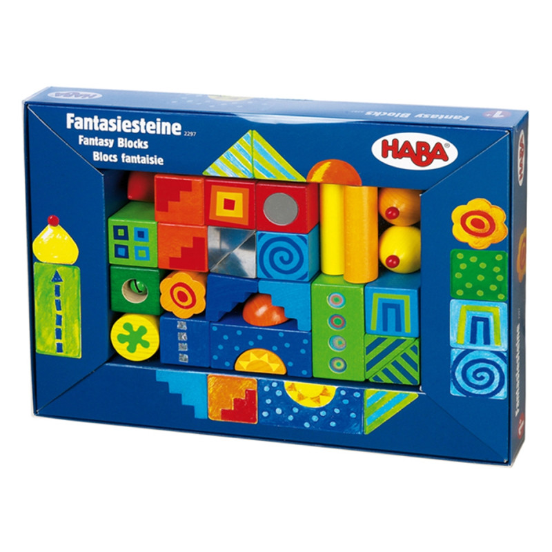 Ein HABA-Set bunter Holz-Fantasiesteine ist in blauer Verpackung mit Sichtfenster zu sehen.