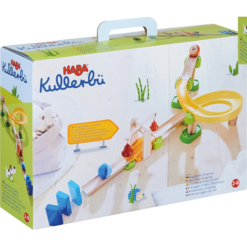 HABA Kullerbü Murmelbahn-Set: Verpackung mit Abbildung der aufgebauten Bahn, Murmeln und Zubehör.