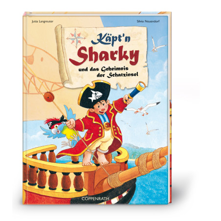 Kinderbuchcover: Junge als Pirat mit Papagei auf einem Schiff. Titel: Käptn Sharky und das Geheimnis der Schatzinsel.