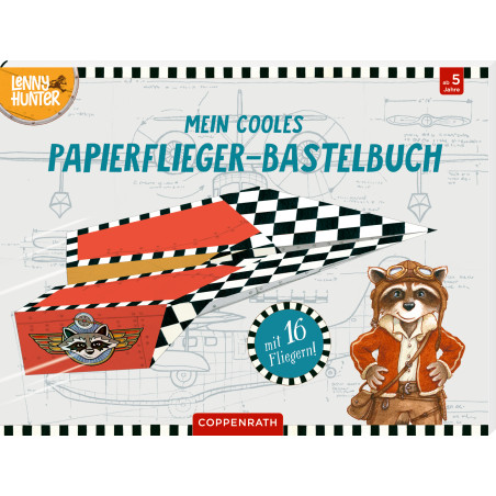 Titelbild eines deutschen Bastelbuchs mit rotem Papierflieger und Waschbär in Fliegerkleidung.