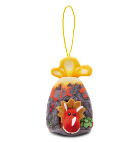 Plüsch-Vulkan-Anhänger mit gelber Schlaufe und rotem Dinosauriergesicht an der Basis.