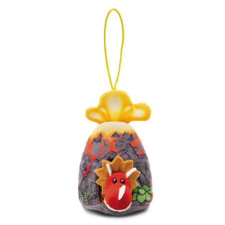 Plüsch-Vulkan-Anhänger mit gelber Schlaufe und rotem Dinosauriergesicht an der Basis.