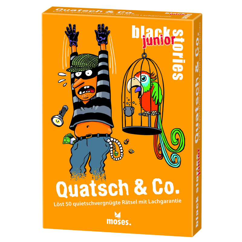 Orange Spieleschachtel mit Cartoon-Einbrecher, erhobenen Händen und Papagei im Käfig Aufschrift: Quatsch & Co.