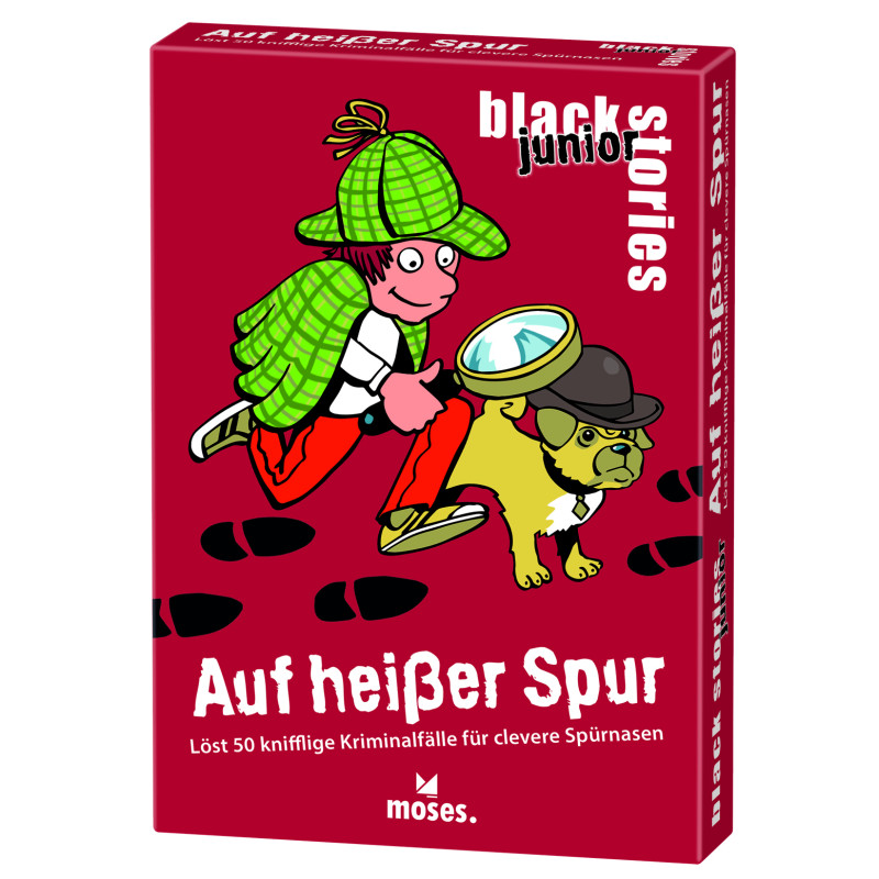 Rote Spielebox mit Comic-Detektiv und Hund in grünen Hüten, folgen Spuren deutscher Text auf der Verpackung.