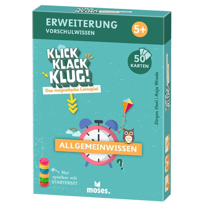 Grüne Box des Spiels Klick Klack Klug! Allgemeinwissen (ab 5 Jahren) mit einer Eule, einem Drachen und Wecker.