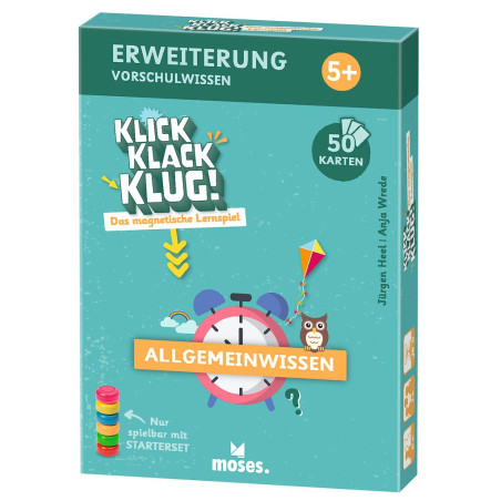 Grüne Box des Spiels Klick Klack Klug! Allgemeinwissen (ab 5 Jahren) mit einer Eule, einem Drachen und Wecker.