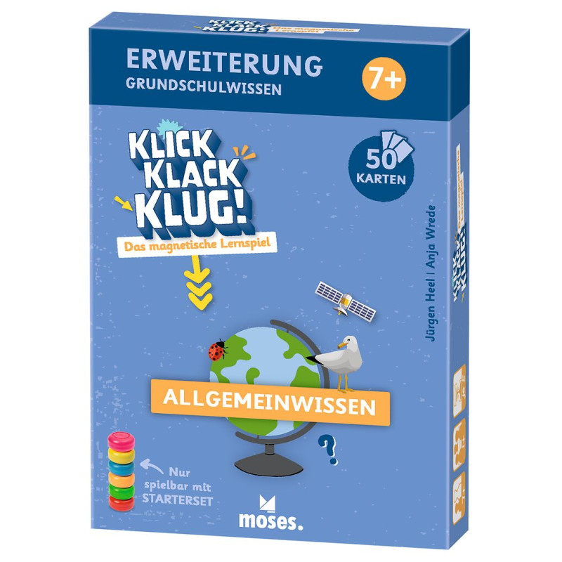 Blaue Box des Spiels Klick Klack Klug: Allgemeinwissen, ab 7 Jahren, mit Globus und 50 Karten.