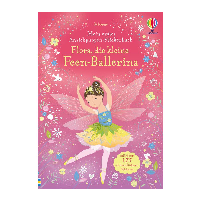 Eine Feen-Ballerina im Tutu tanzt auf einem bunten, glitzernden Buchcover mit Blumen und Sternen.