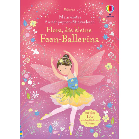 Eine Feen-Ballerina im Tutu tanzt auf einem bunten, glitzernden Buchcover mit Blumen und Sternen.