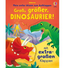 Buntes deutsches Kinderbuchcover mit rotem Triceratops, grünem T. rex und einem Titel über Dinosaurier.