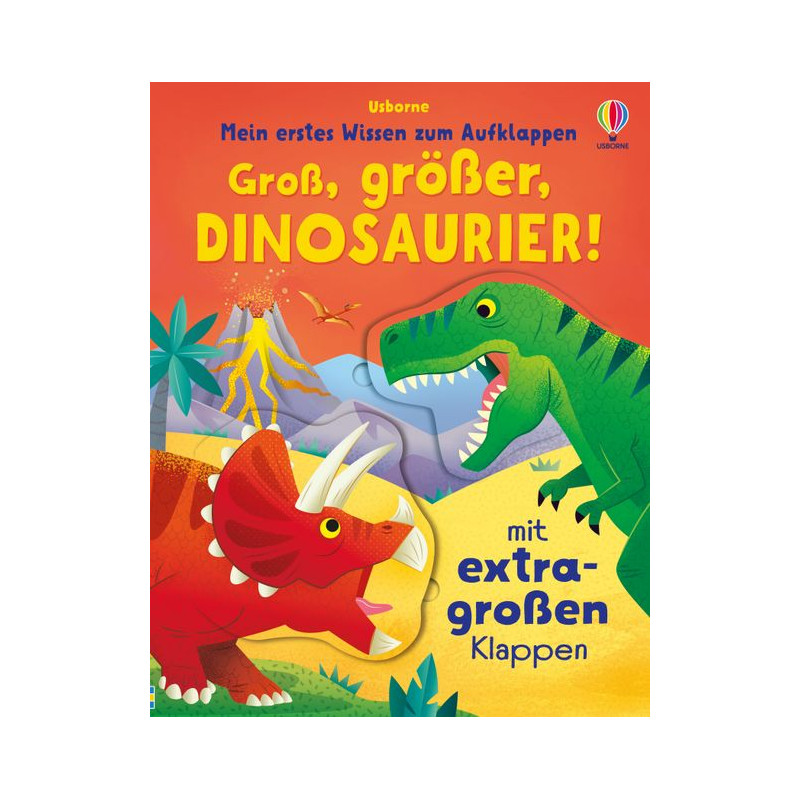 Buntes deutsches Kinderbuchcover mit rotem Triceratops, grünem T. rex und einem Titel über Dinosaurier.