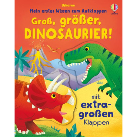 Buntes deutsches Kinderbuchcover mit rotem Triceratops, grünem T. rex und einem Titel über Dinosaurier.