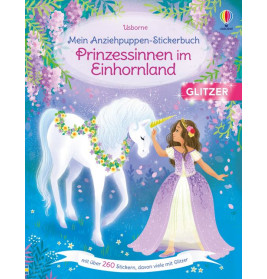 Ein Mädchen im lila Kleid berührt ein weißes Einhorn mit Blumen auf einem bunten, glitzernden Stickerbuch-Cover.