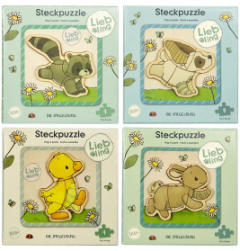 Vier Steckpuzzles aus Holz mit Tiermotiven: Waschbär, Eisbär, Ente und Hase auf floralen Hintergründen.