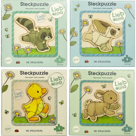 Vier Steckpuzzles aus Holz mit Tiermotiven: Waschbär, Eisbär, Ente und Hase auf floralen Hintergründen.