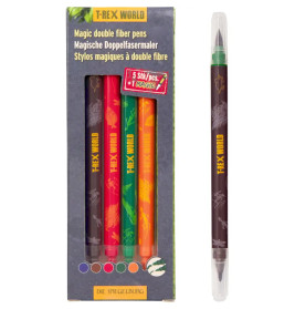 T-Rex World Doppelfasermaler mit Dinosauriermotiven, einer Stiftpackung und einem Stift daneben.