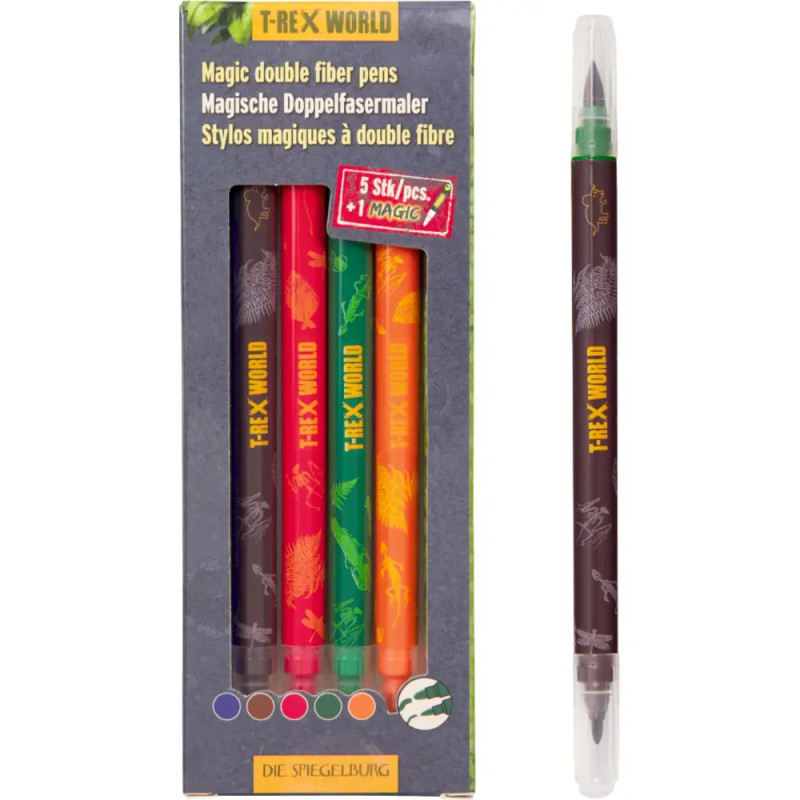 T-Rex World Doppelfasermaler mit Dinosauriermotiven, einer Stiftpackung und einem Stift daneben.