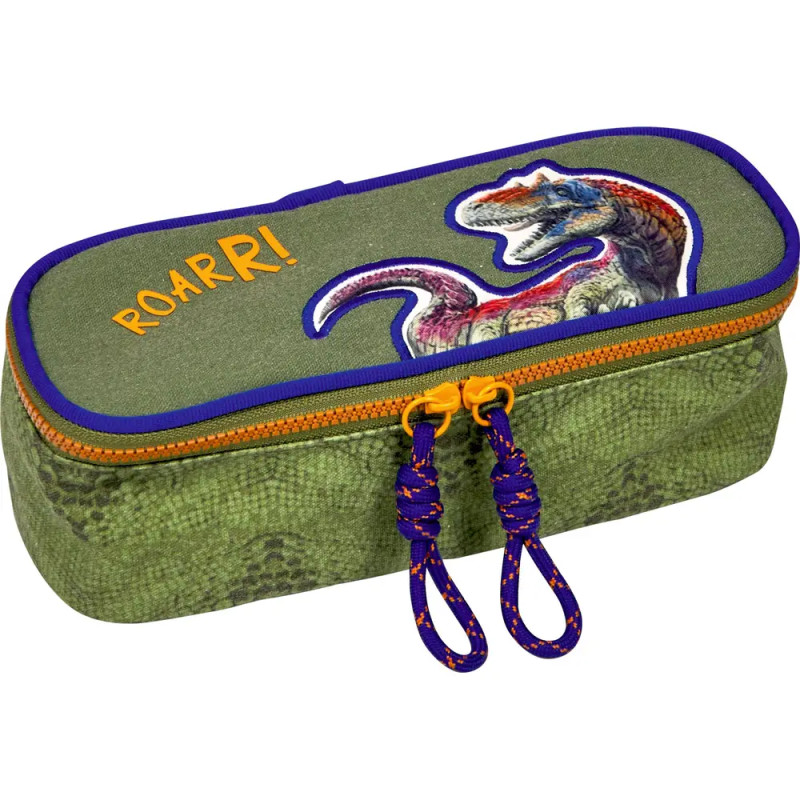 Grünes Mäppchen mit Dinosaurier, "ROARR!"-Schriftzug und orangem Reißverschluss mit blau-orangenen Ziehbändern.