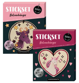 Zwei Sticksets mit Einhorn- und Drachendesign, verpackt als "Stickset Holzhänger" von Coppenrath.