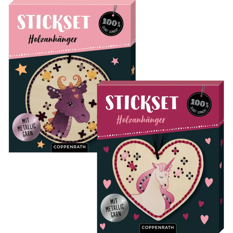 Zwei Sticksets mit Einhorn- und Drachendesign, verpackt als "Stickset Holzhänger" von Coppenrath.