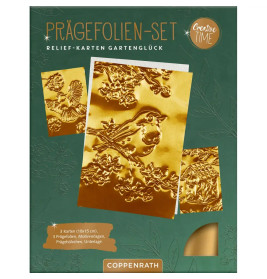 Geprägtes Kartenset mit Goldfolien-Designs von Blumen, Vogel und Schmetterling auf grünem Hintergrund.