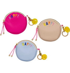 Drei kleine Münzbeutel in Pink, Beige und Blau, jeweils mit "HAPPY" und gelbem Smiley-Schlüsselanhänger.
