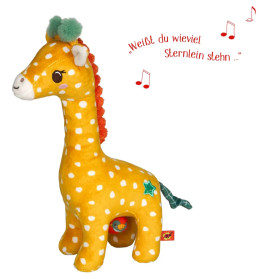 Gelb-weiß gepunktetes Giraffen-Plüschtier, darüber Noten und deutscher Text.