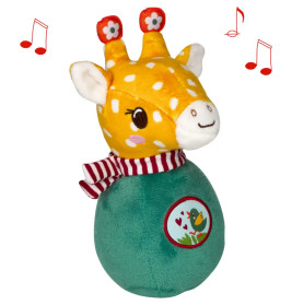 Plüschgiraffe mit grünem Körper, rotem Schal und Musiksymbolen um den Kopf.