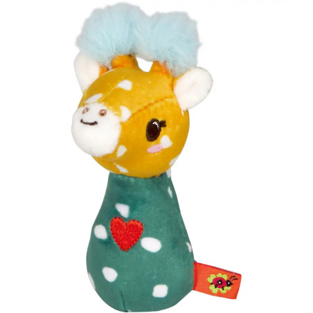 Plüschgiraffe mit gelbem Kopf, blauer Mähne, grünem Körper, weißen Flecken und rotem Herz auf der Brust.