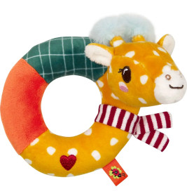 Plüsch-Babyspielring in Giraffenform mit bunten Abschnitten und rot gestreiftem Halstuch.