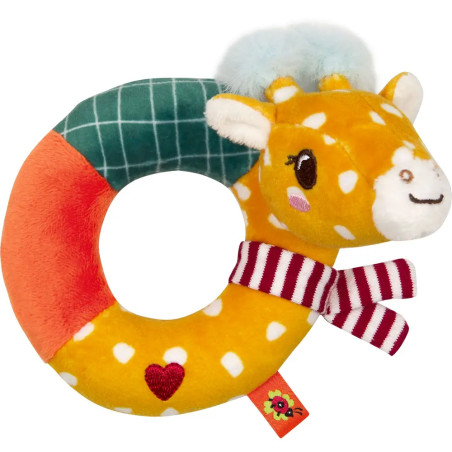Plüsch-Babyspielring in Giraffenform mit bunten Abschnitten und rot gestreiftem Halstuch.