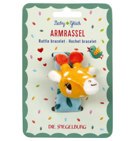 Baby Rassel-Armband mit gelbem Plüsch-Giraffenkopf auf blauem Band, verpackt auf dekorativer Kartenrückseite.