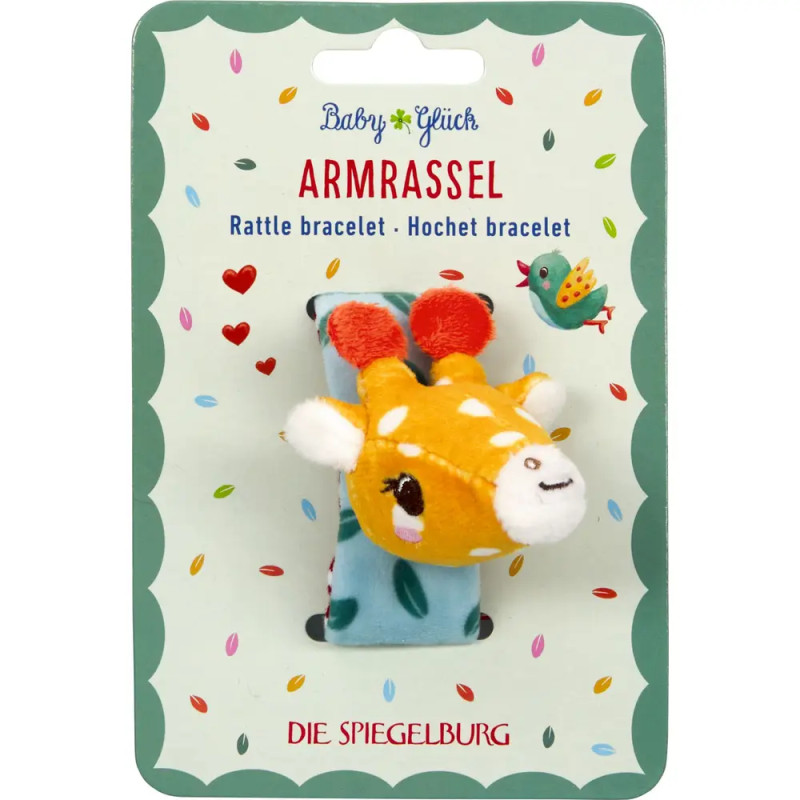 Baby Rassel-Armband mit gelbem Plüsch-Giraffenkopf auf blauem Band, verpackt auf dekorativer Kartenrückseite.