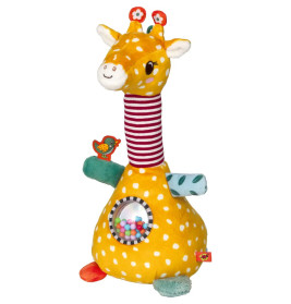 Plüsch-Giraffe in Gelb mit Punkten, gestreiftem Hals, bunten Gliedern und transparentem Rasselbauch.