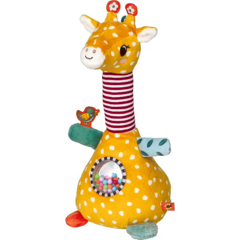Plüsch-Giraffe in Gelb mit Punkten, gestreiftem Hals, bunten Gliedern und transparentem Rasselbauch.