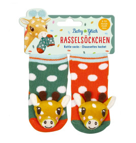 Bunte Rasselsöckchen mit Punkten und Plüsch-Rehköpfen, geeignet für Babys von 2 bis 12 Monaten.