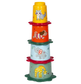 Vier bunte Stapelbecher mit Tiermotiven: Waschbär, Hund, Elefant und Giraffe.