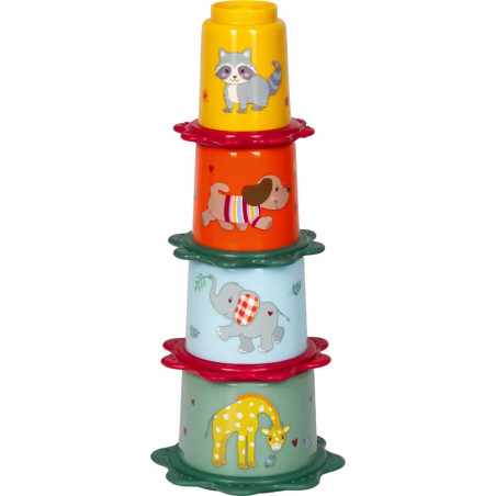 Vier bunte Stapelbecher mit Tiermotiven: Waschbär, Hund, Elefant und Giraffe.