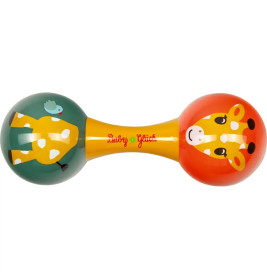 Bunte Babyrassel mit einem Giraffenkopf an einem Ende und einem Giraffenkörper mit Vogel am anderen.