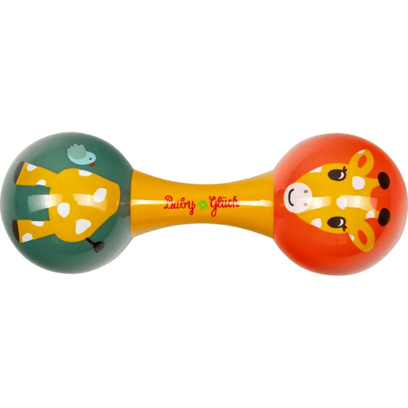 Bunte Babyrassel mit einem Giraffenkopf an einem Ende und einem Giraffenkörper mit Vogel am anderen.