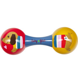 Bunte Babyrassel mit Hundemotiven an den Enden, verbunden durch einen blauen Griff.