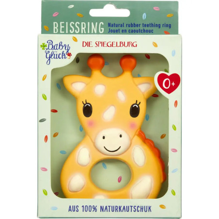Gelber Giraffen-Beißring aus Naturkautschuk für Babys ab 0 Monaten, in Schachtel mit Aufschrift "Beissring".