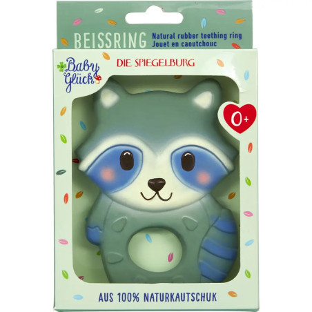 Beißring in Waschbärform, für Babys ab 0+, aus 100% Naturkautschuk, verpackt.