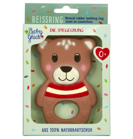 Brauner Bär-Beißring aus Gummi, in farbenfroher Verpackung, geeignet für Babys ab 0 Monaten.