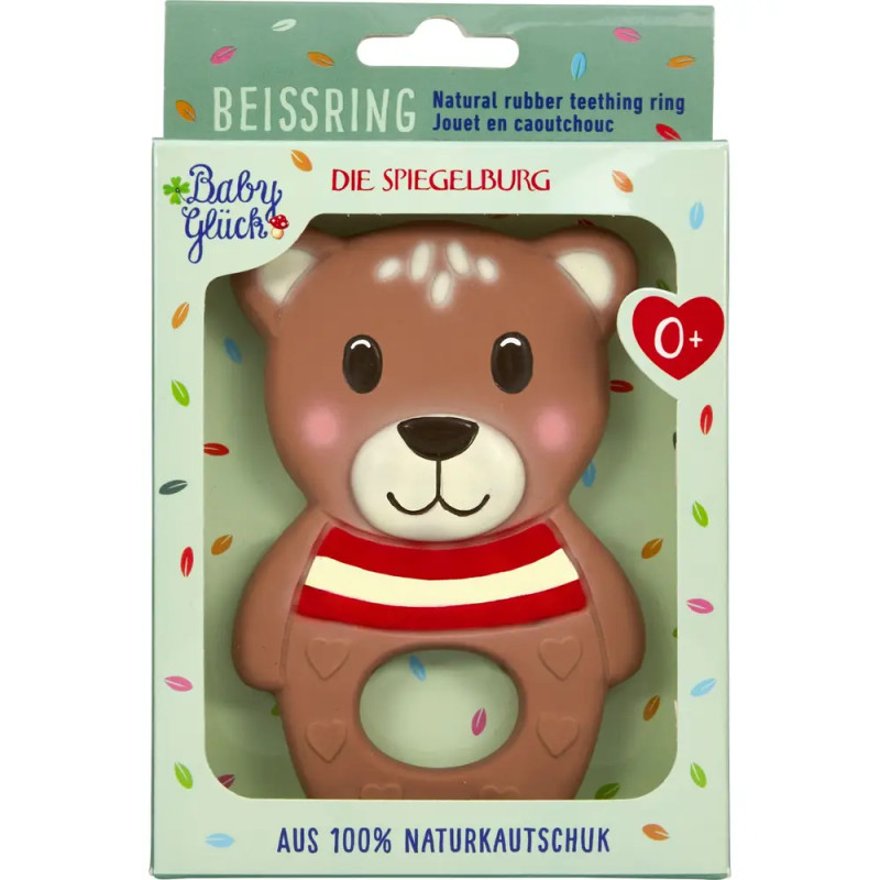 Brauner Bär-Beißring aus Gummi, in farbenfroher Verpackung, geeignet für Babys ab 0 Monaten.