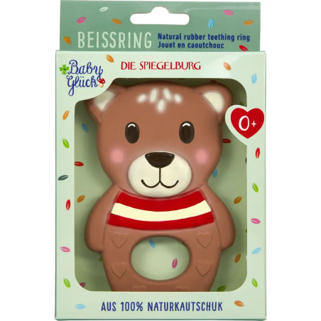 Brauner Bär-Beißring aus Gummi, in farbenfroher Verpackung, geeignet für Babys ab 0 Monaten.